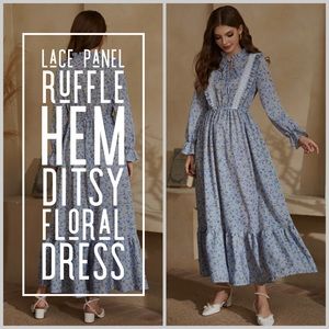 NWOT: Lace Panel Ruffle Hem Ditsy Floral Dress